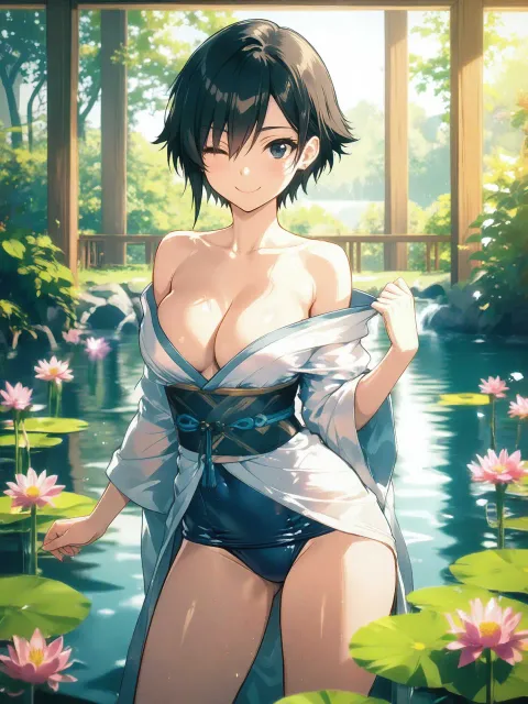 和装の美女、ボーイッシュ、解けた帯、開けた着物、スクール水着