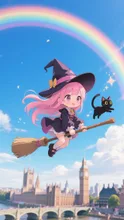 ピンク髪魔女娘💕虹の下を魔法の箒で❤️
