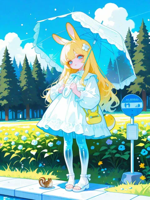 小さな女の子、細い体、薄い黄色のロングヘアー、花飾り - 雨の日