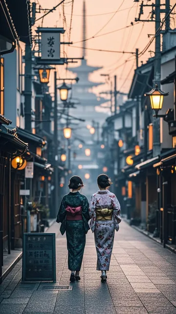 京都の街並み、着物姿の女性、夕暮れ時の静かな通り