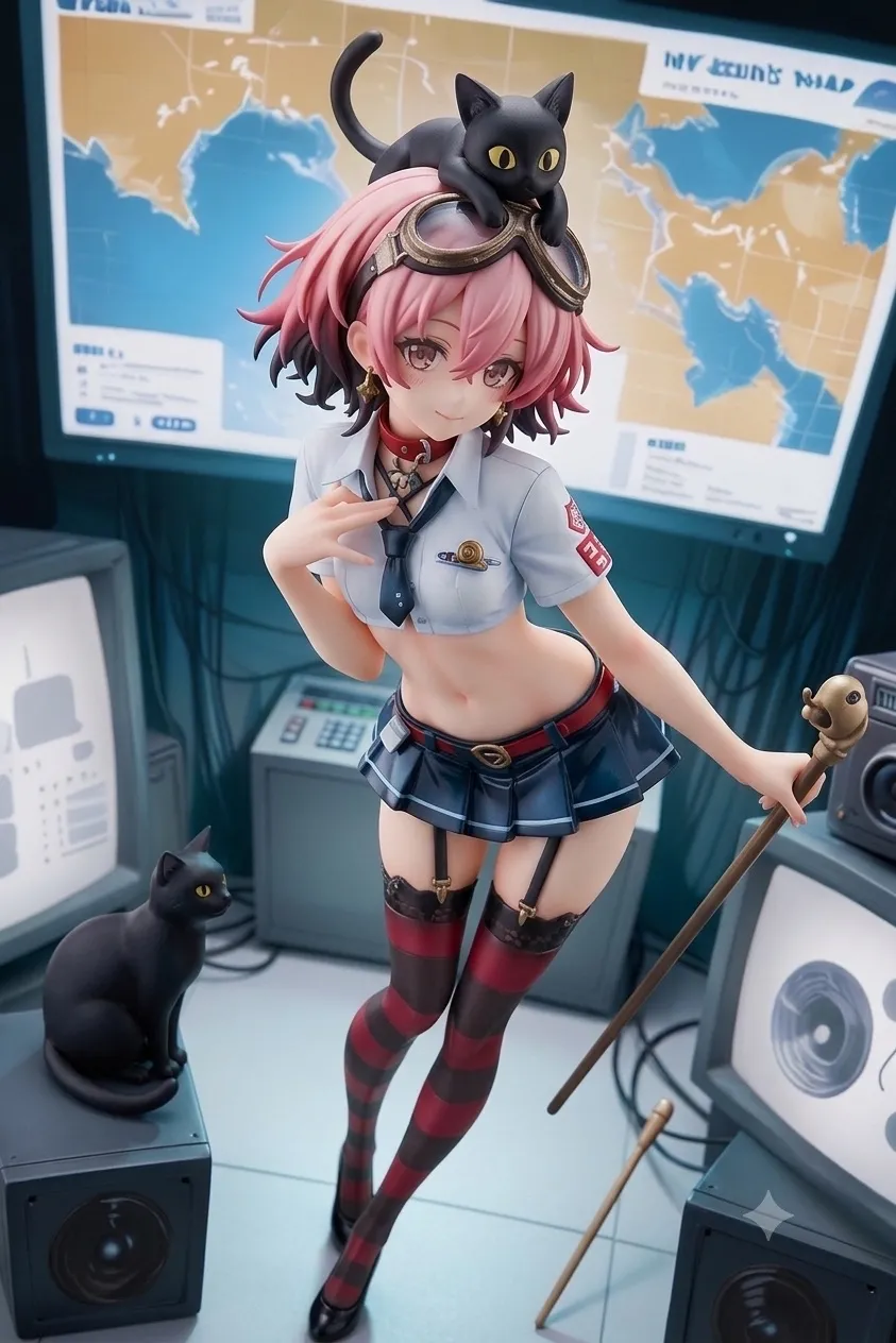 お天気キャスターになってみた…パンク娘と黒ニャンコ…フィギュア…桃