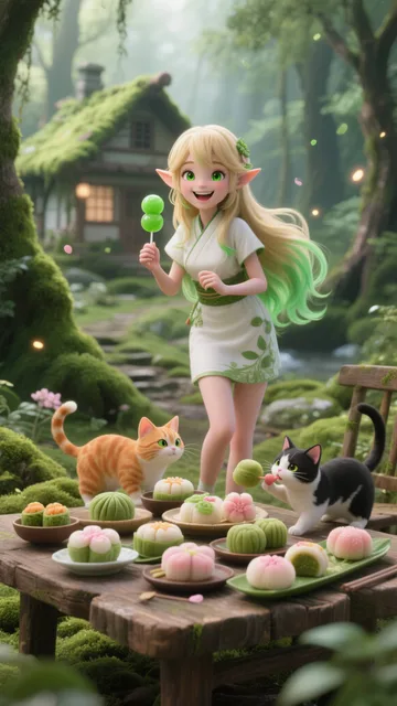 妖精と子猫の和菓子パーティー