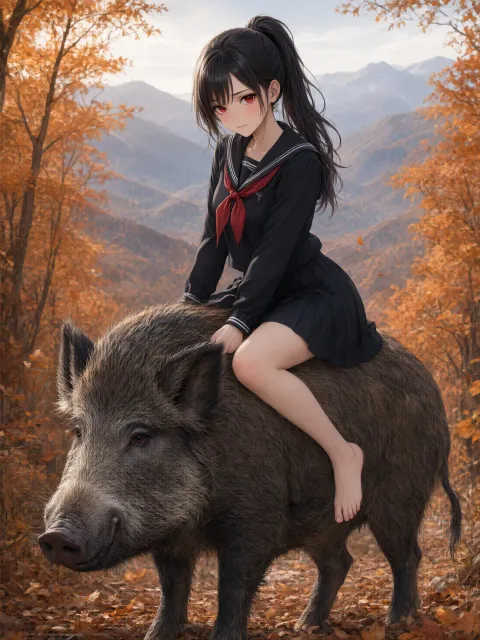 アニメイラスト風、赤い瞳、黒髪 parted bangs