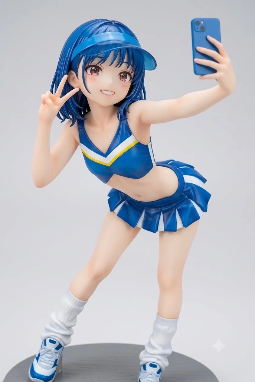 木漏れ日の下で自撮りするチアガール…フィギュア…青