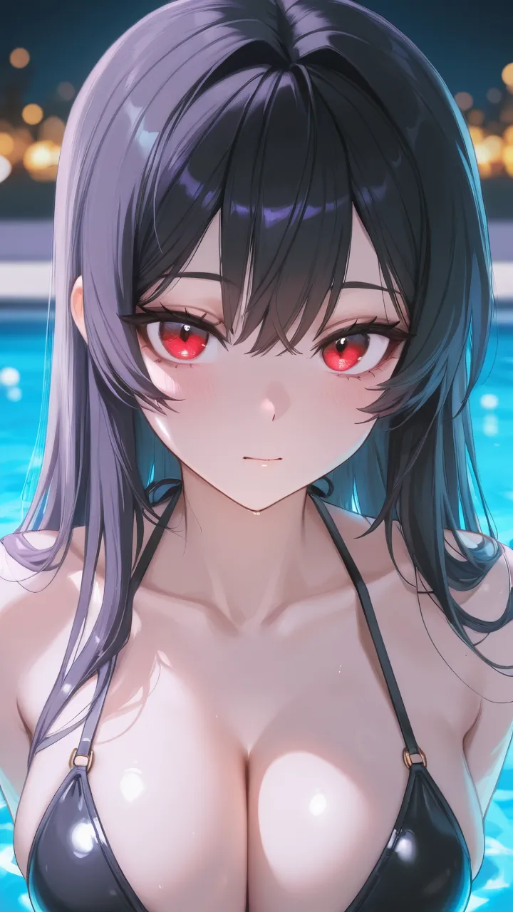 ナイトプール・黒髪ロングの少女