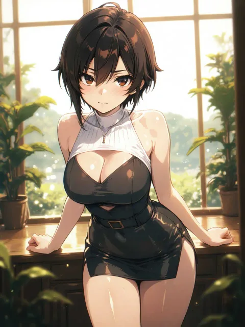 ハイネックノースリーブ、ミニスカ、ナイススタイル