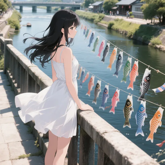 川の上に並んでいる鯉のぼりを橋の上から眺めている黒髪ロングヘ…
