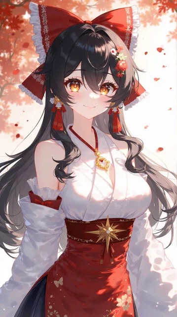 神社の巫女、臍出しで、赤いリボンを頭に付けている