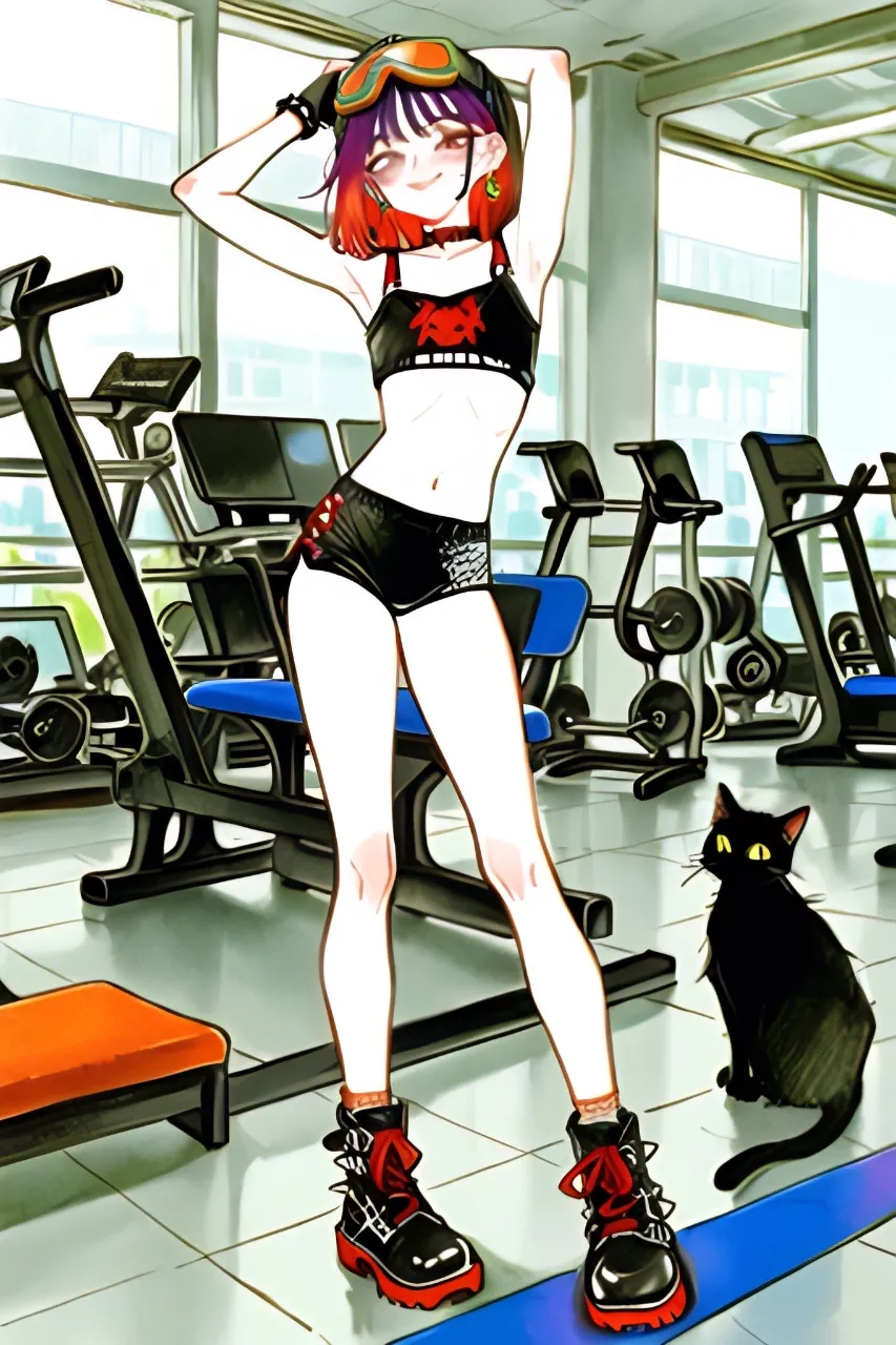スポーツジムにやってきた…パンク娘と黒ニャンコ…赤