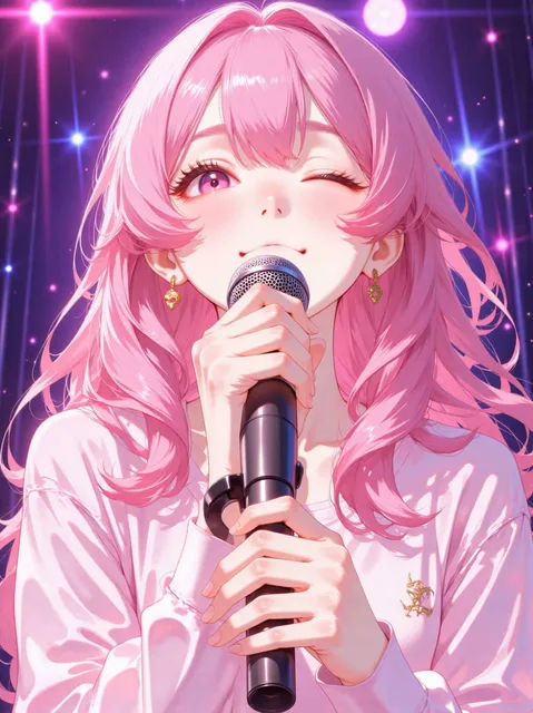 アイドル、ピンク、ウィンク、マイクも持つ、ステージの上