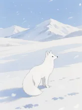 雪山と白キツネ