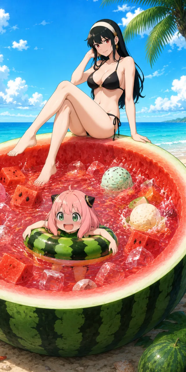 スイカと夏の女性