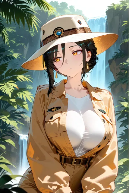 きちんとした服装、サファリジャケットを着た探検家の成年女性