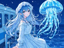 夜の海中列車とクラゲ少女