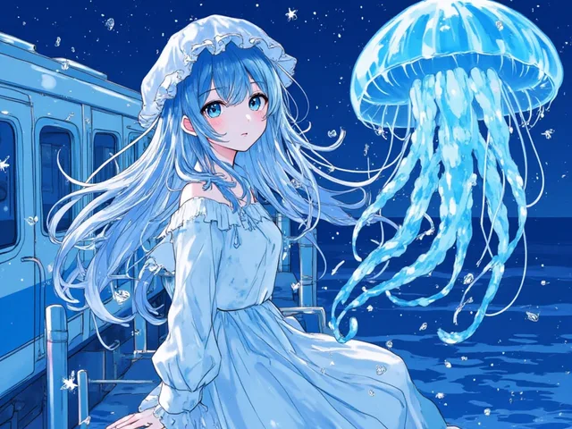夜の海中列車とクラゲ少女