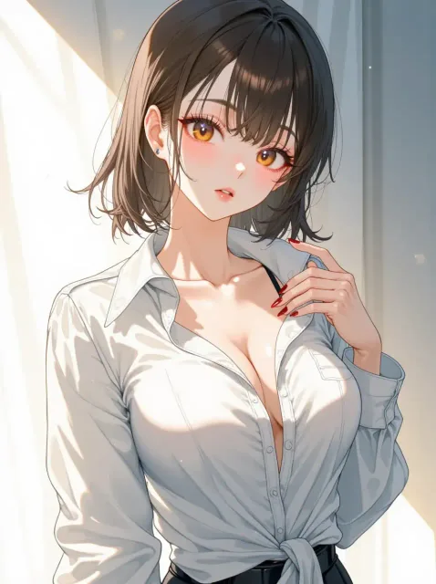 第一ボタンだけ外して下は全部留めた白いシャツ姿の色っぽい成年…