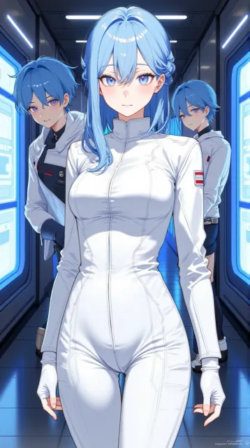 きちんとした服装、白い宇宙船の制服を着たクルーの成年女性