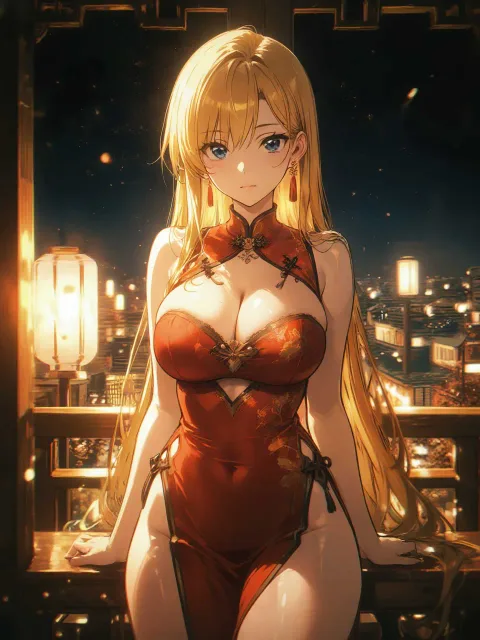 深いスリットの赤いチャイナドレスの美女、柔らかな光
