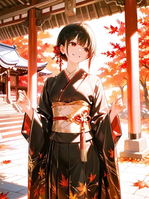 振袖を着た美少女がこっちを見て笑っている 紅葉 秋 神社