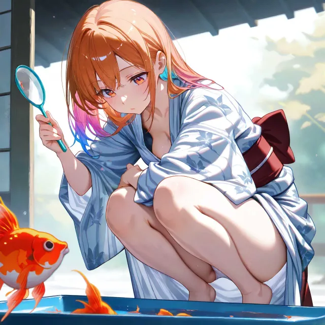 金魚すくい、茶髪ミディアムヘアの美少女、しゃがむ、裾が開く