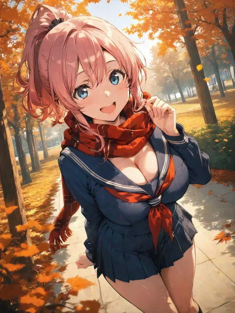 マフラー、セーラー服、お姉さん、グラマー美女、ピンクの髪