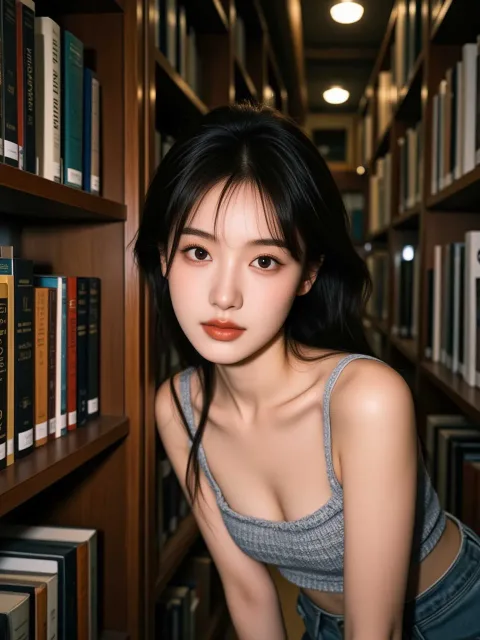 秋の図書室の色っぽい成年女性、高い書棚の間