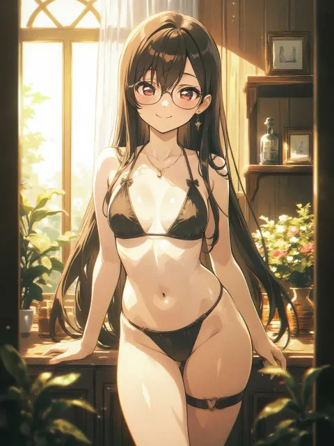 ロングヘア、眼鏡っ娘花畑、可憐な笑顔、自然な立ち姿 - フローリスト