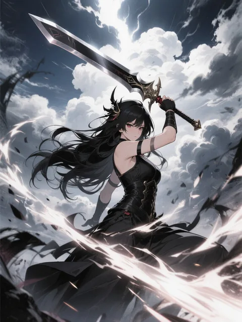 黒髪の阿修羅の女性が天を切り裂く場面を描いたイラストをお願い…
