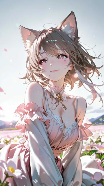 幻想的、神秘的な花畑、プラチナブラウンの長い髪が風でなびく