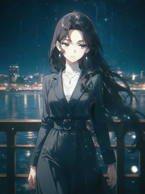 夜景を見ているスタイルの良いロングの髪のお姉さん女性