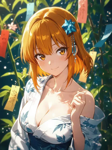 笹飾りを背景にした浴衣を着崩して両肩をだす の女性の上半身…
