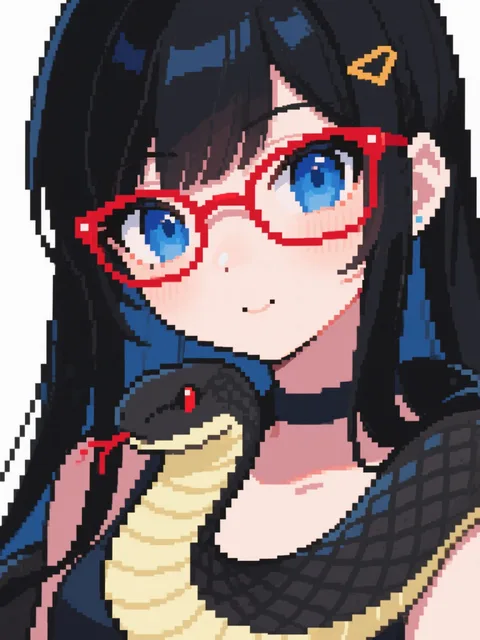 黒髪ロング、赤眼鏡、青い目