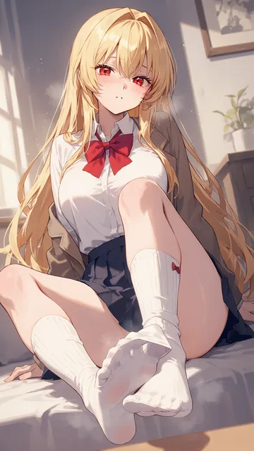 赤い目の金髪美少女が靴下を脱いでその足を嗅がせてくる