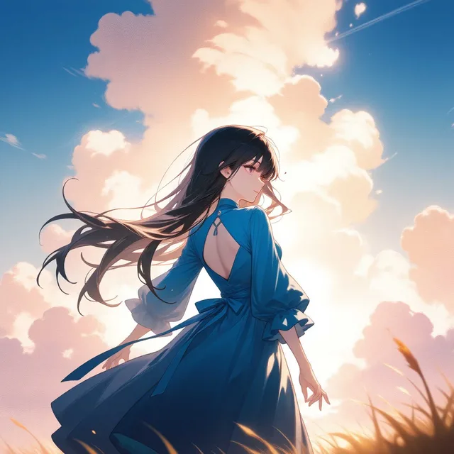 美しい空色の下美しいドレス姿黒髪ロングヘアー美少女が髪をなびかせて立っている❣️💫