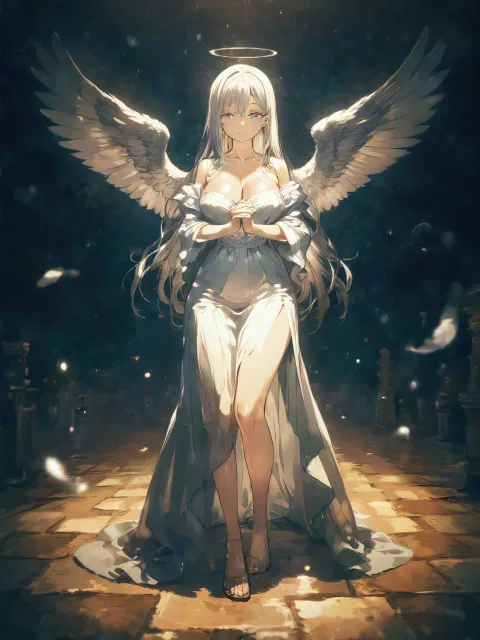 白い羽の天使と黒い翼の悪魔のドレス姿の色っぽい成年女性がふた…