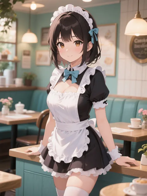 メイド喫茶の新人、メイド服、カフェ、やわらかな光