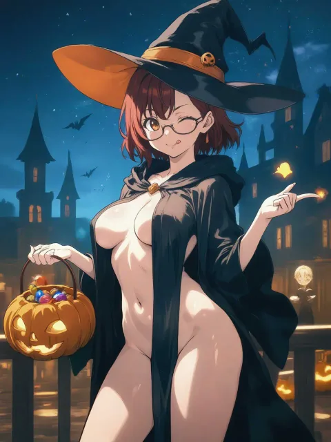 黒い長袖の魔女のローブに大きな三角帽子の美少女、月夜の古城