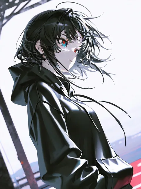 黒髪ショートヘアーで黒のパーカーを来た少女