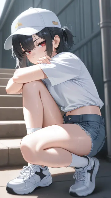 脚の美しい少女、13歳、白いTシャツとデニムショートパンツ