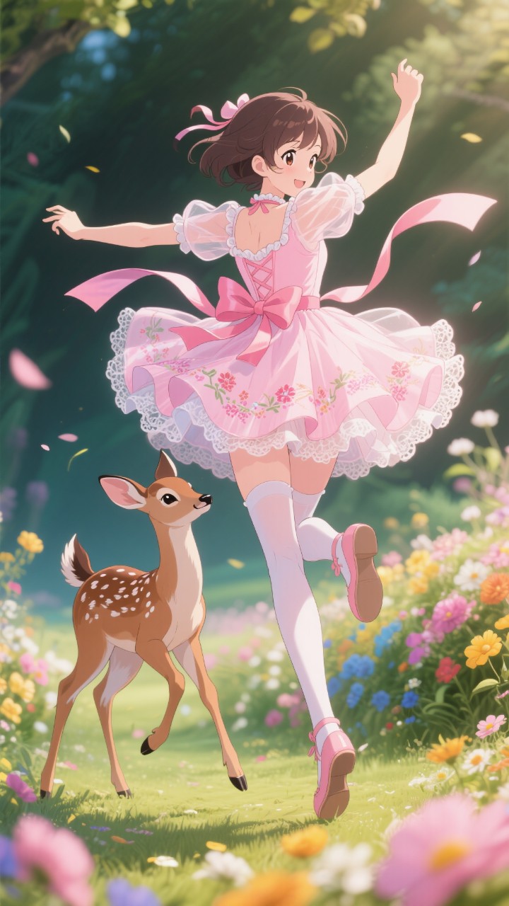 花畑で跳ねる少女とバンビ