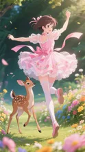 花畑で跳ねる少女とバンビ