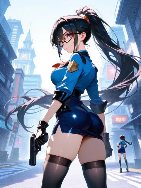 警戒中の黒髪ポニテ眼鏡ミニスカポリス
