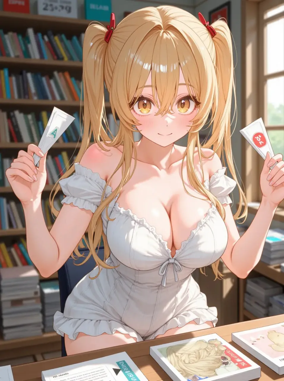 探していた本を見つけてご機嫌な女性 — ミャアさんのAIイラスト