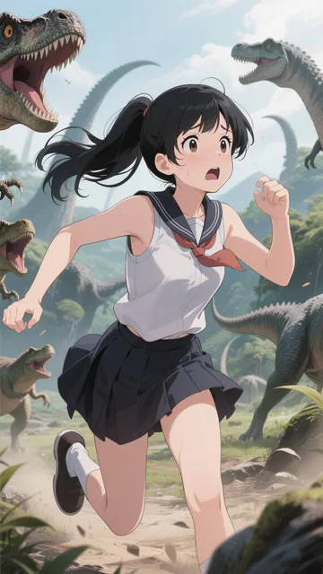 恐竜から逃げる女子高生