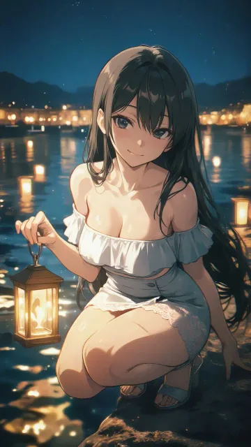 川に灯籠を流す美少女、夜の川辺、黒髪のストレートロング - 灯籠流し