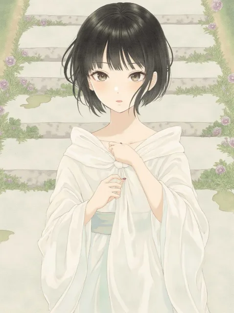 襟が肩から落ちかけた白い単衣姿の色っぽい若い女の子 - 単衣の肩