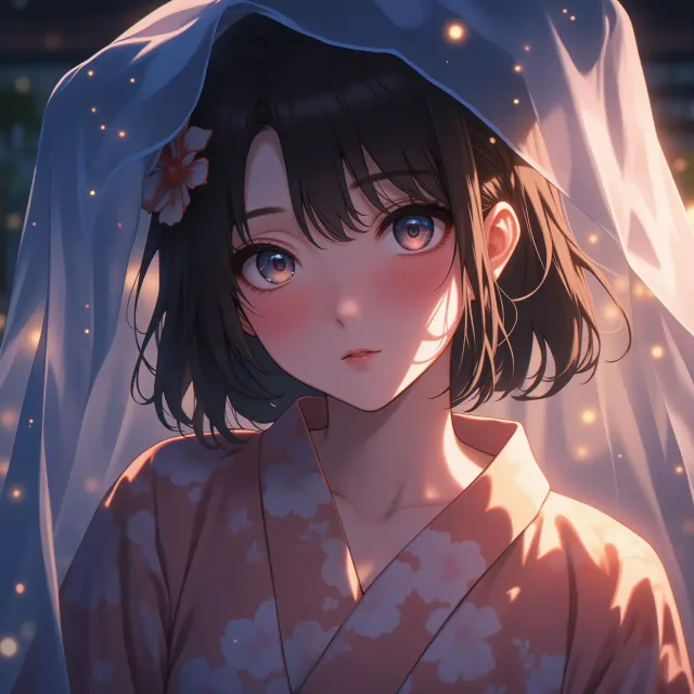 蚊帳の中の浴衣美人、ほのかな灯り、夏の夜、優しい眼差し