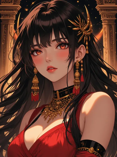 蠍座をイメージした深紅と黒のアクセサリーの成年女性