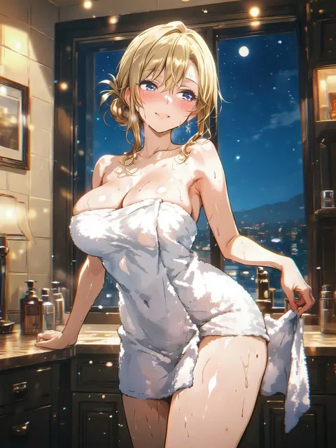 脇の下で結び目を作ったバスタオル姿の色っぽい成年女性 - タオル一枚