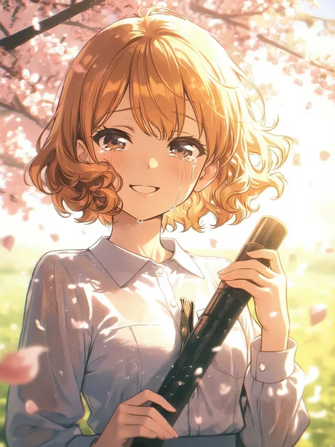 清潔感のあるパステル調の制服、満開の桜の木の下に立っている